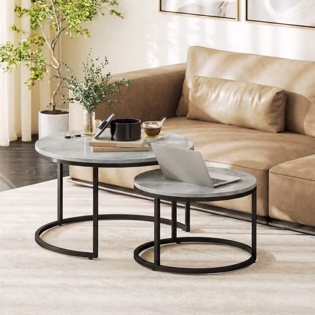 HOMCOM 2 Piece Nesting Coffee Table Set with Grey Steel Frame – 1