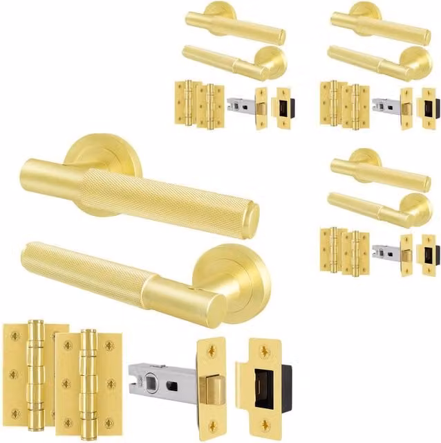 AFIT Satin Brass Knurled Door Handles and Rose Latch Kit with Hinges, Gold, 4 Pairs – 1