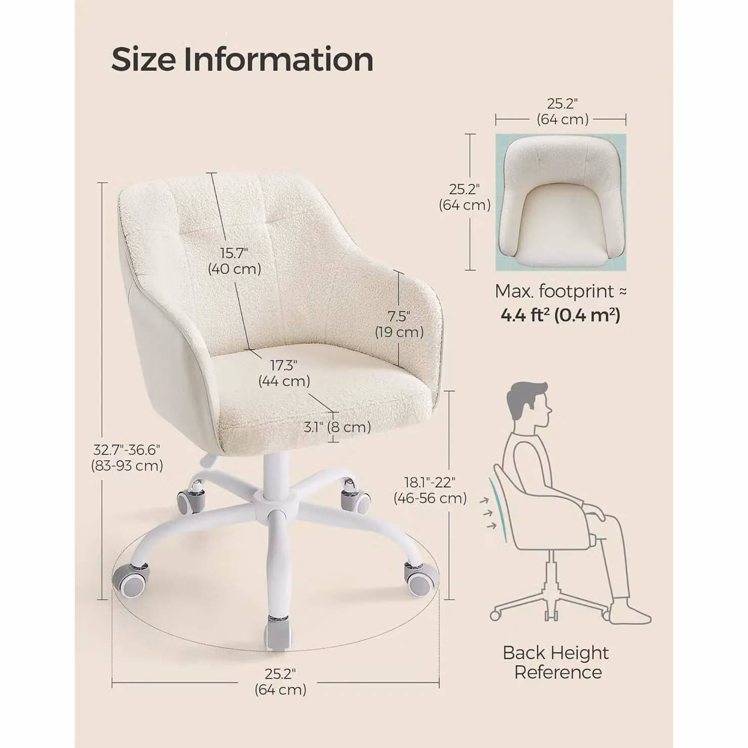 SONGMICS Ergonomic Swivel Chair with Armrests in Light Beige for Home Office and Study – 3