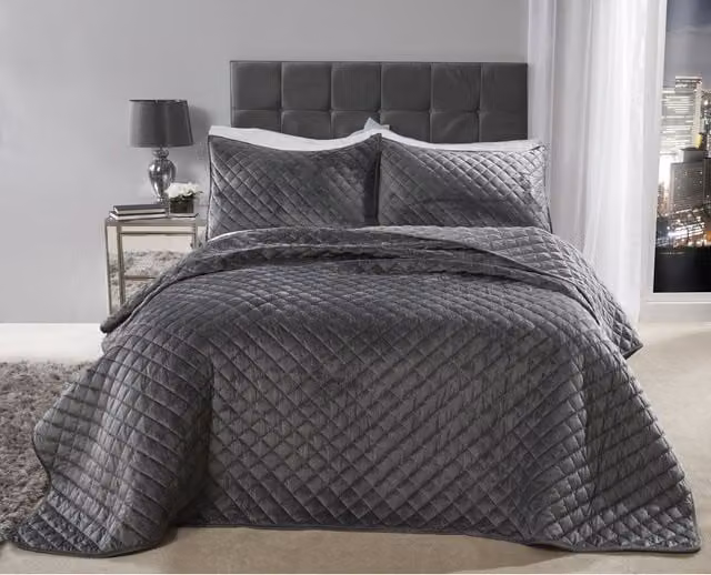 NewEdgeBlinds Regent Quilted Velvet Bedspread and Pillow Shams Set in Orange Geometric Design