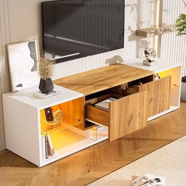 Aosom UK Modern TV Stand with 2 Drawers, 5 Open Compartments and App-controlled LED Lights, White and Wood, W: 160 cm, D: 40 cm, H: 42 cm