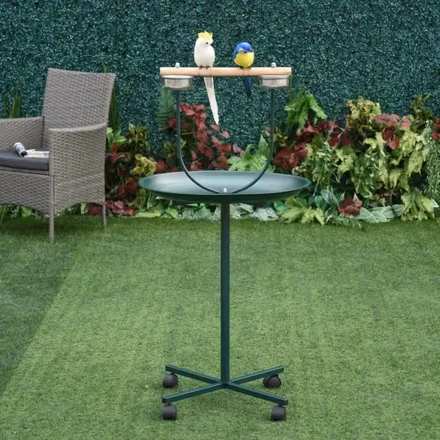 PawHut Bird Perch Stand with Wheels and Stainless Steel Feeding Bowls, Green