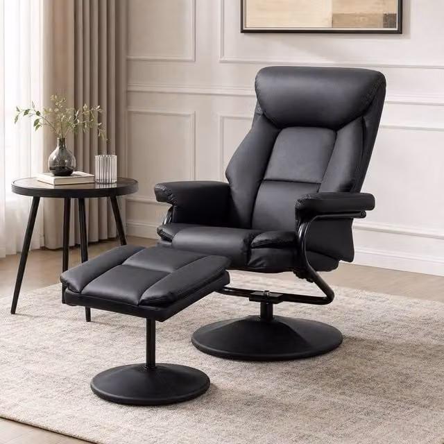 STILVORA Black Synthetic Leather Recliner Chair with Matching Footstool and 360 Degree Swivel Function