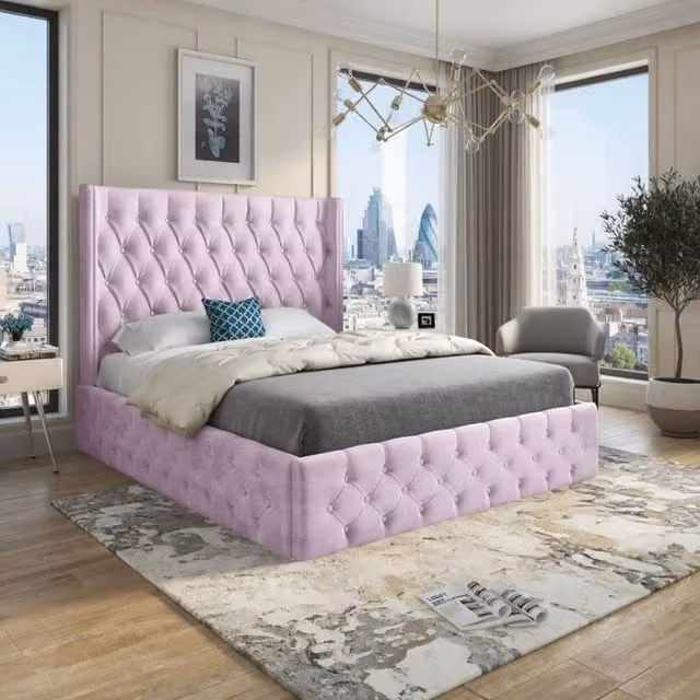 KDMD Winchcombe Winged Upholstered Designer Bed Frame in Pink Soft Velvet, W/D/H: 90 x 190 x 137 cm – 1