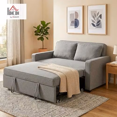 HOMCOM 2 Seater Click Clack Sofa Bed in Grey with 2 Pillows, Fabric Upholstered Convertible Sleeper with Solid Wood Frame, W/D/H: 148 x 86 x 91.5 cm – 2