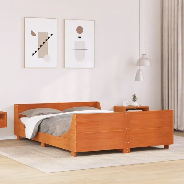 Berkfield Home Wax Brown Solid Wood Pine Double Bed Frame W: 135 cm, L: 190 cm – 1