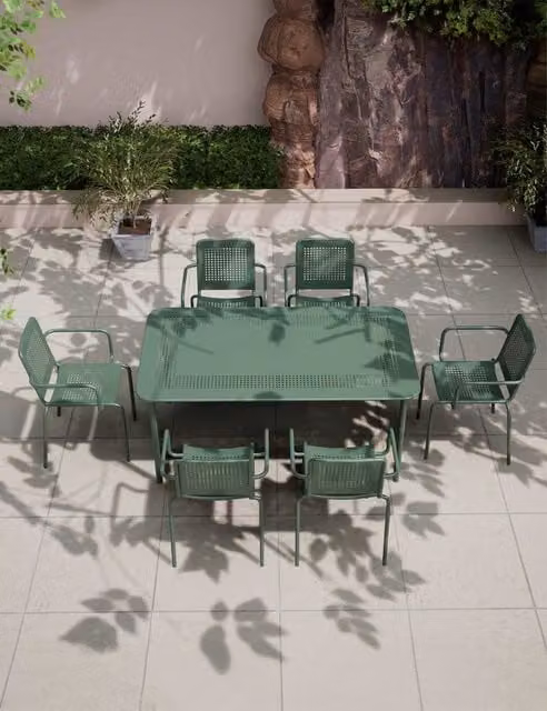 Royalcraft Porto 6 Seater Rectangular Garden Table and Chairs Set in Matt Green Powder Coated Steel