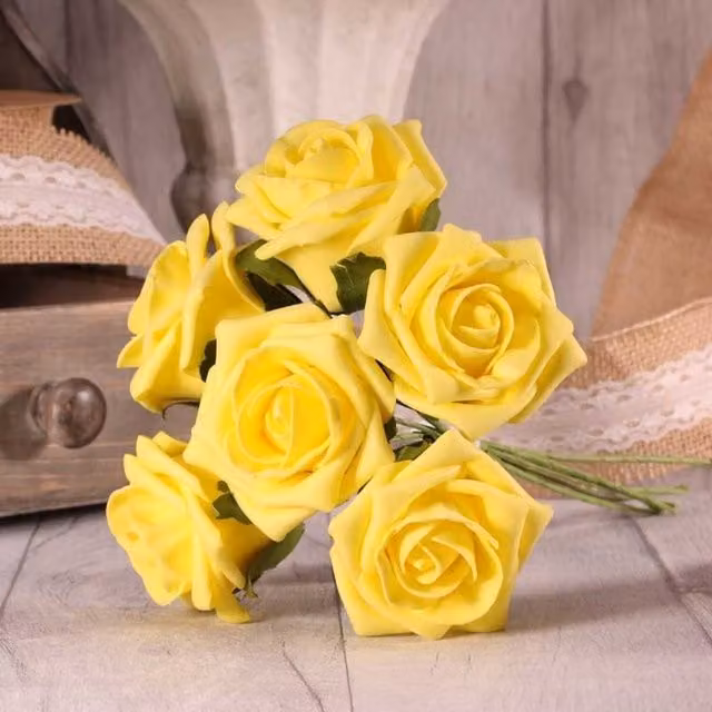 Kingsbury Gifts Bunch of 6 Small Lemon Yellow Foam Tea Roses
