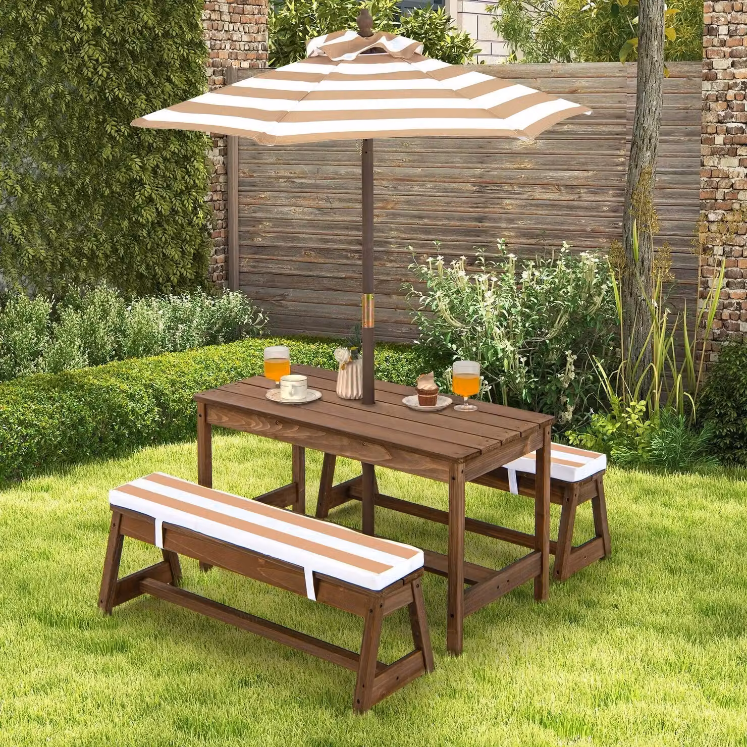 Costway 4 Piece Wooden Kids Picnic Table and Bench Set with Umbrella in Brown and Multicolour – 3