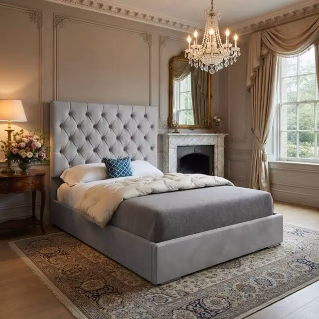 Casani Craster Grey Velvet Upholstered Chesterfield Bed Frame W/D/H: 137 x 120 x 128 cm