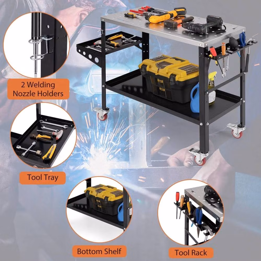 VOGREX Black Metal Welding Table with Tool Rack Tray and Wheels, 580kg Capacity, W/D/H: 128 x 88 x 46 cm – 5