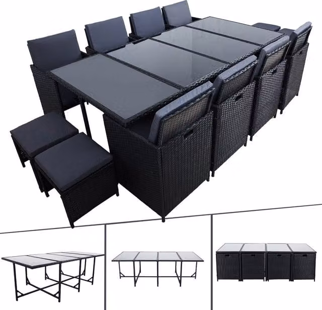 AREBOS 13 Piece Poly Rattan Garden Furniture Set with Rectangular Glass Table in Grey and Black