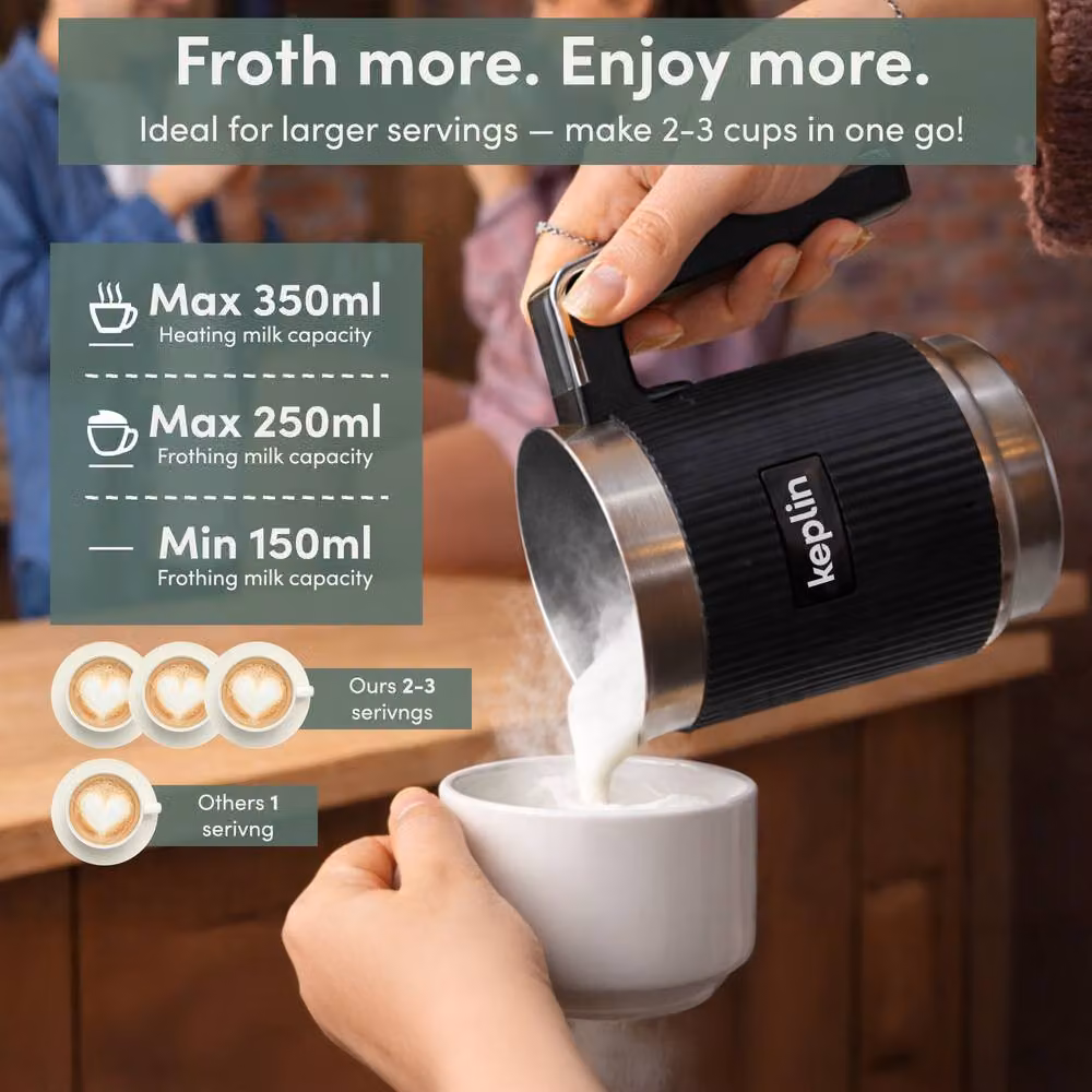 Keplin 5-in-1 Electric Automatic Milk Frother with Stainless Steel Jug, 350ml, Black – 7