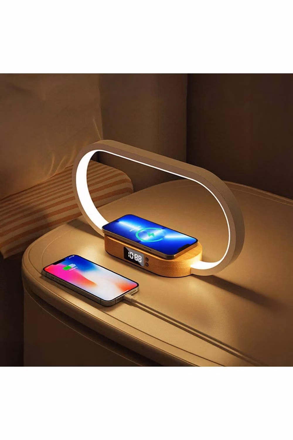 Living and Home Dimmable LED Table Lamp with Wireless Charger in Beige and Wood – 2