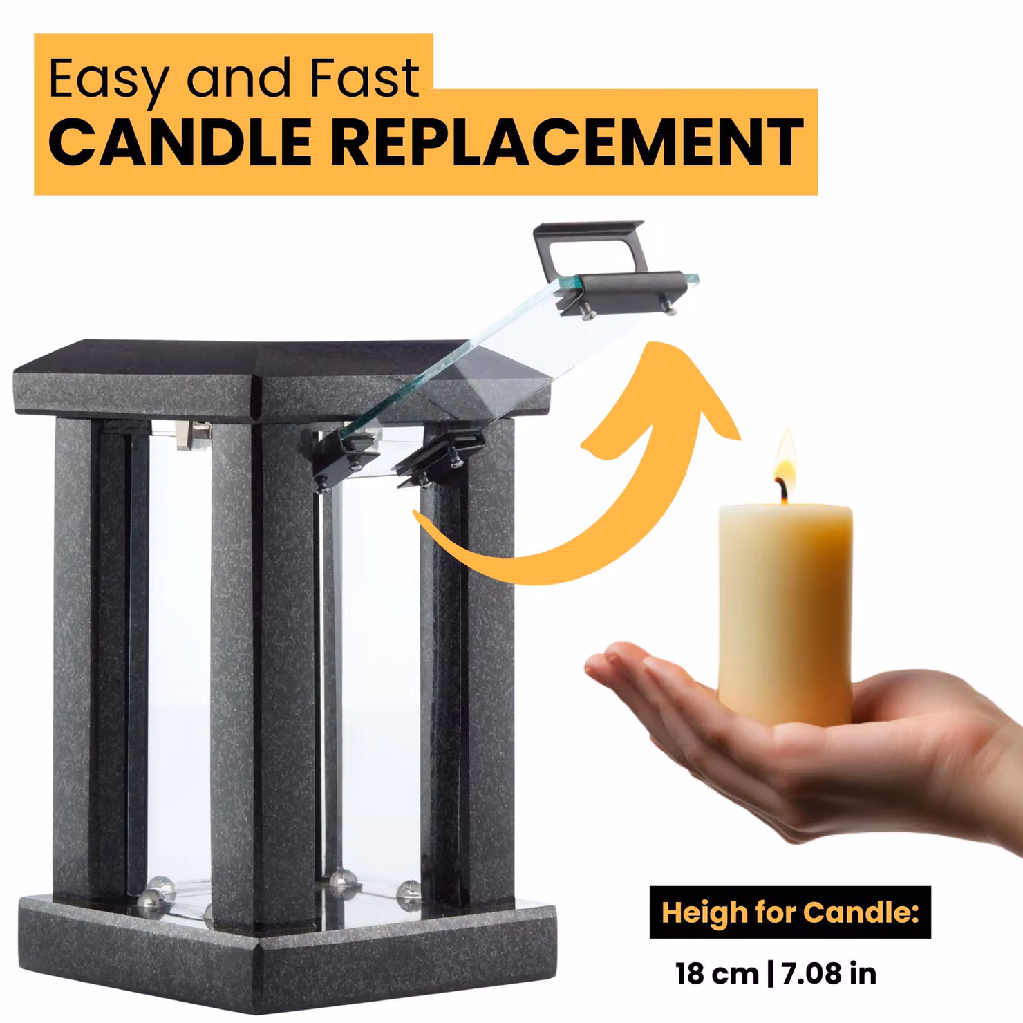 Novecrafto Large Polished Black Granite Memorial Lantern, H 32 cm, W 15 cm, D 15 cm – 7