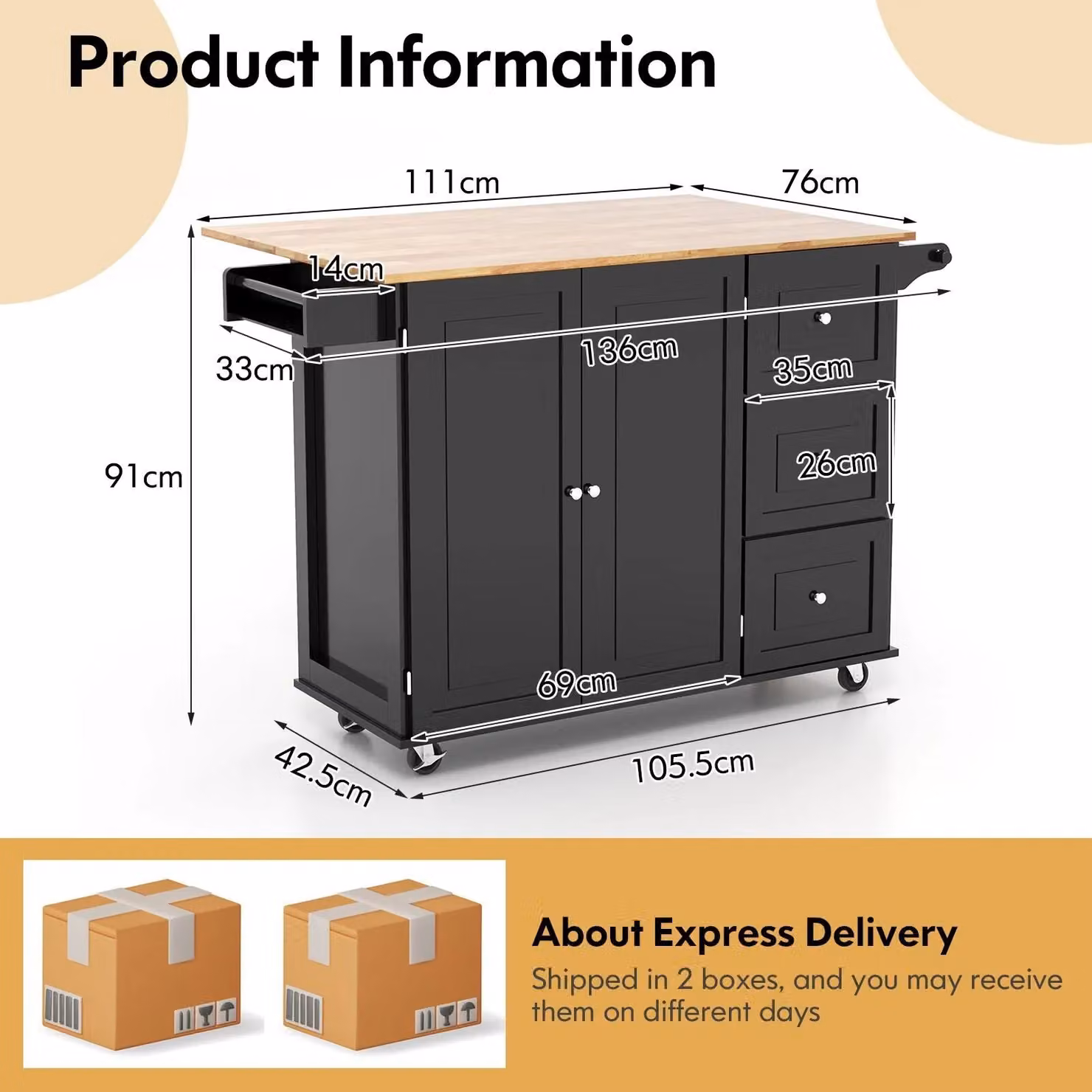Costway Kitchen Storage Trolley Cart with 3 Drawers and Shelves in Black Matt Wood – 2