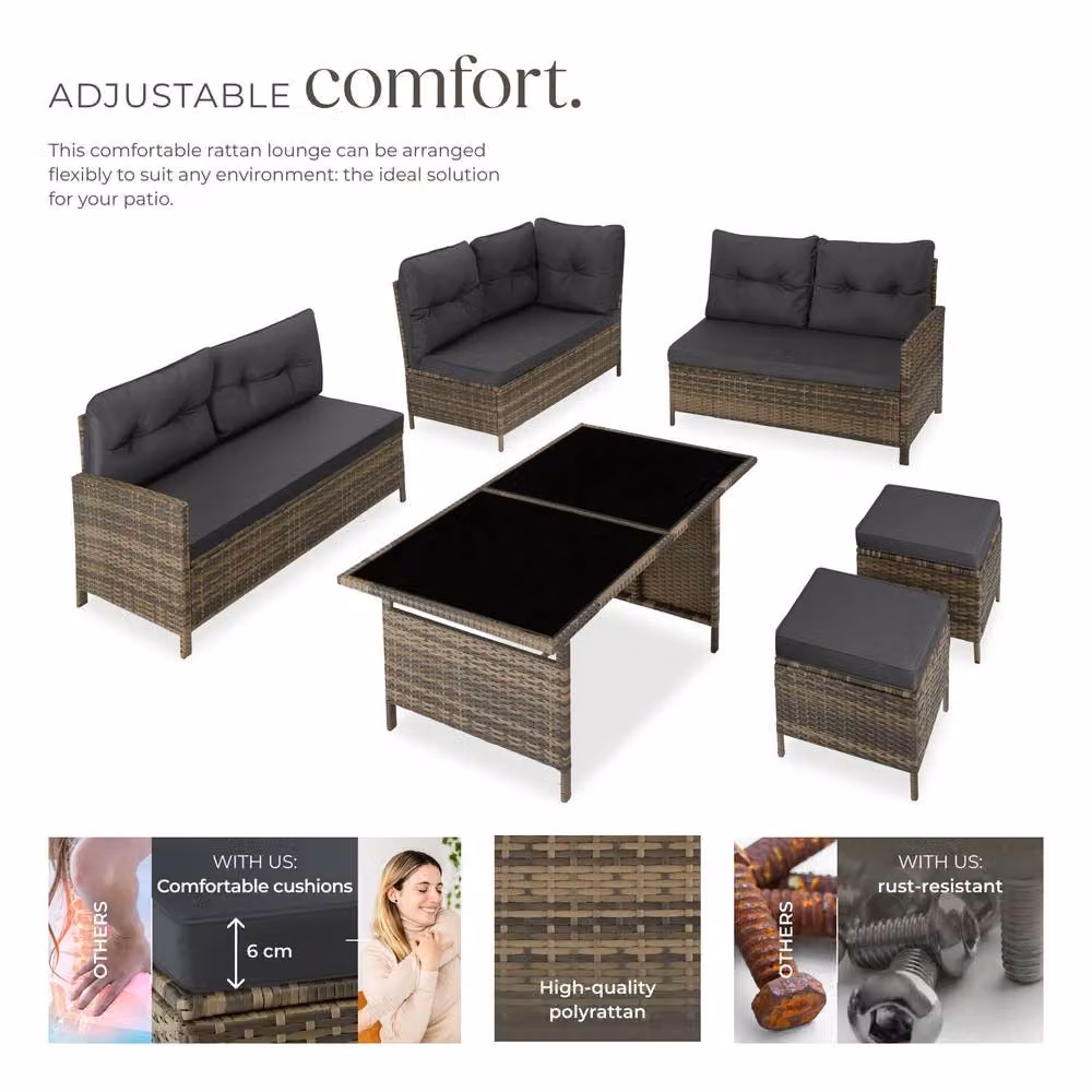 tectake 8 Seater Garden Furniture Set with Cushions, Footstools and Table in Natural and Beige – 3