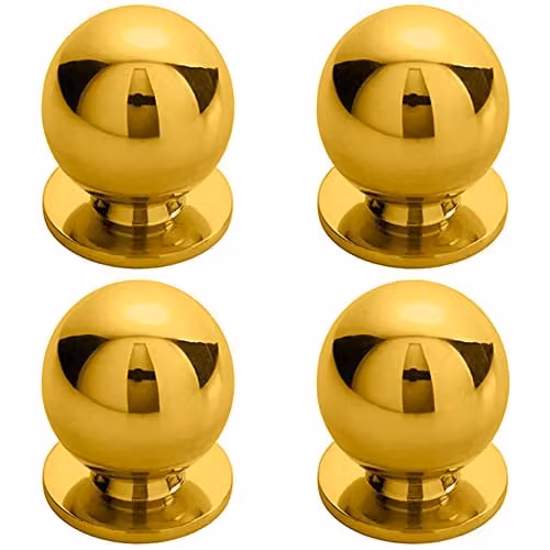 Loops 4 Pack Polished Brass Solid Ball Cupboard Door Knobs, 25mm Diameter