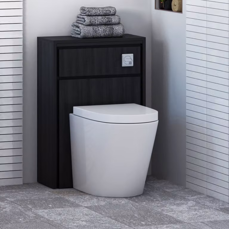 Livora Black Woodgrain Wall Mounted BTW WC Unit with Cesar Rimless Ceramic Toilet Pan, Seat and Cistern, Width: 55.5 cm