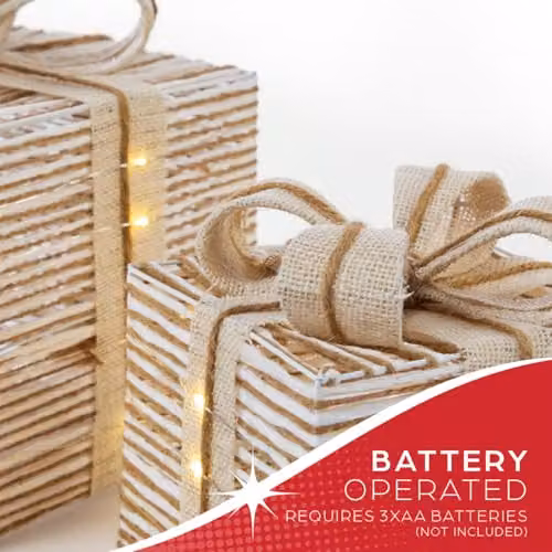 The Christmas Workshop Light-Up Gift Boxes, Set of 3, White and Beige with Warm White LED Lights and Timer Function, Battery Powered, W/D/H: 22.0 x 20.0 x 20.0 cm – 5