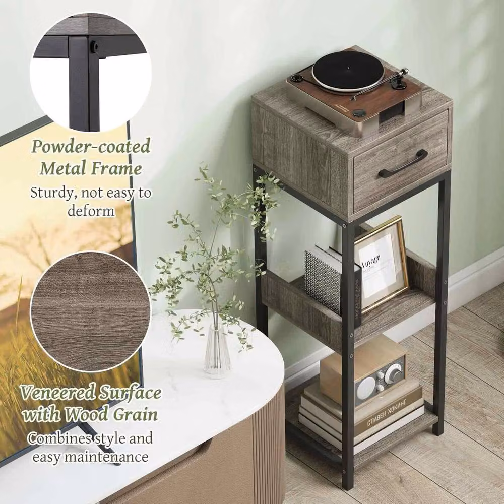 VOGREX 3-Tier Metal Plant Stand with Drawer in Grey – 6