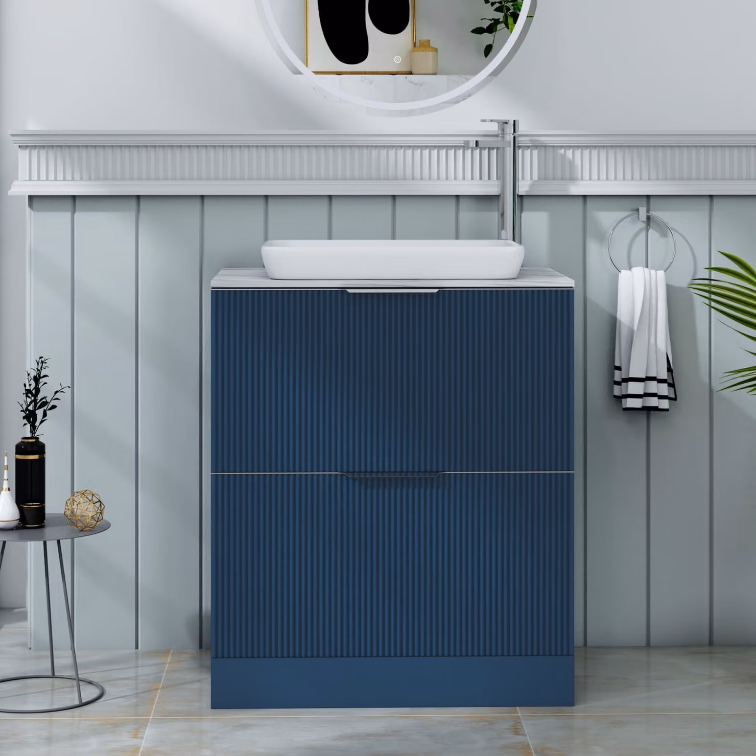 Royal Bathrooms Evora Midnight Blue Fluted Floor Standing Countertop Vanity Unit with Qubix Basin and 2 Drawers