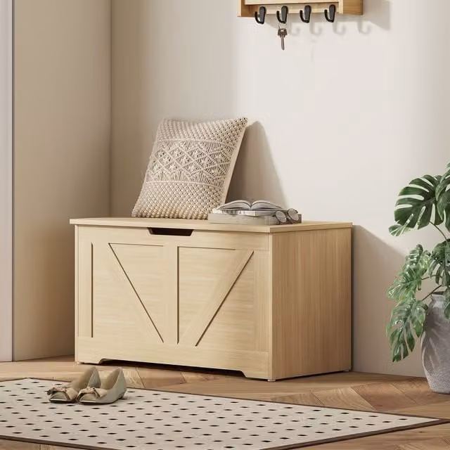 HOMCOM Storage Trunk with Safety Hinge in Natural Wood Finish, Brown