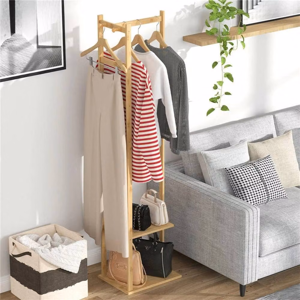Kelvenix Industrial Coat Rack Stand with 8 Hooks and 4-Tier Storage Shelves in Natural Brown and Beige – 4