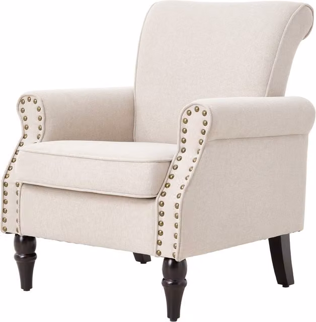 Livingandhome Vintage Beige Velvet Upholstered Armchair with Armrests and Wooden Legs