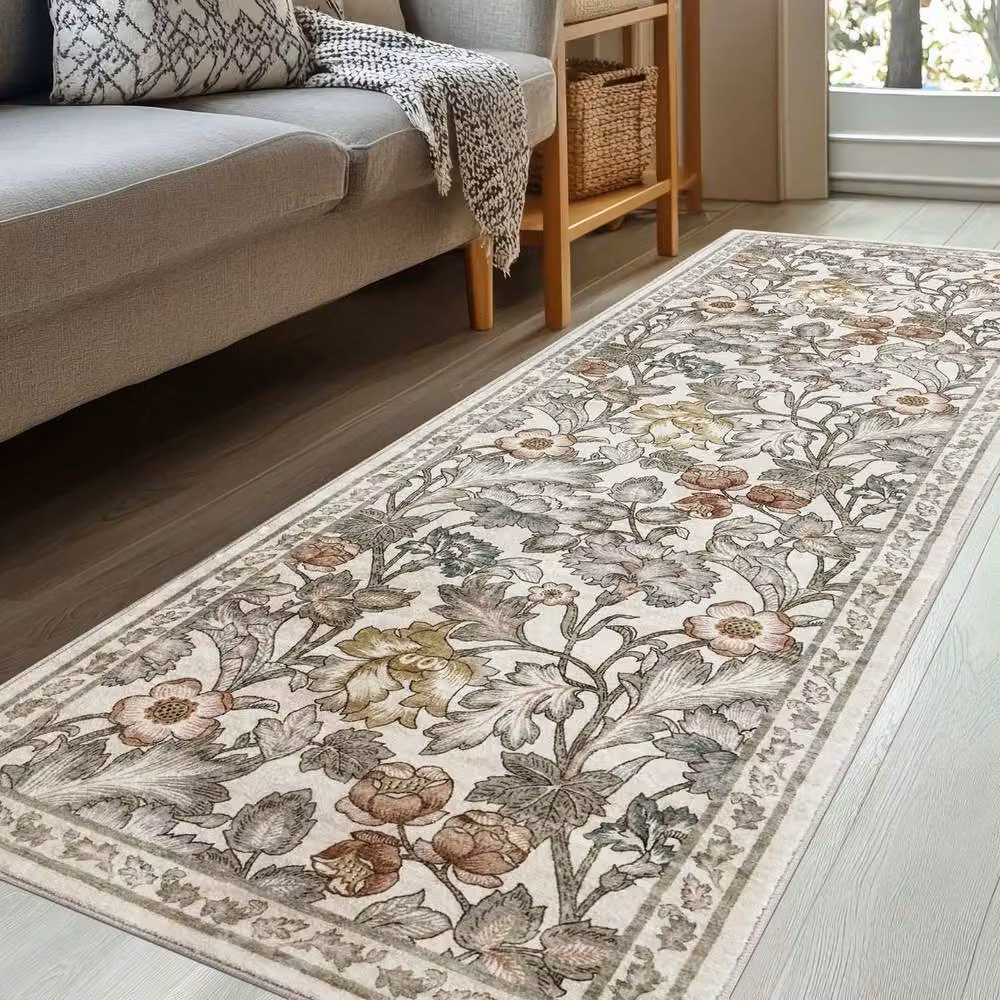 THE RUGS Classical Collection Natural Florals Multicolour Soft Pile Rectangular Rug W: 60 cm, L: 180 cm – 3