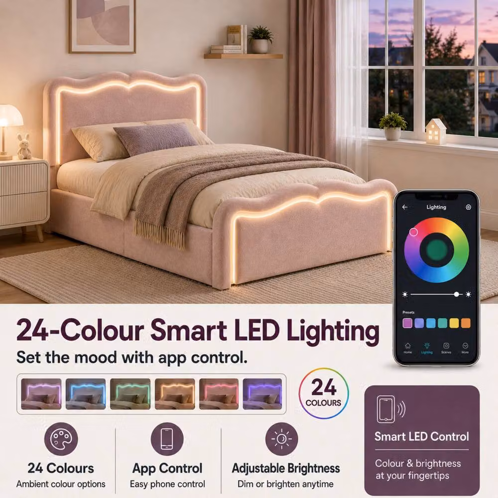 Merax Pink Velvet Single Ottoman Bed Frame with LED Under-Bed Lighting and Hydraulic Lift-Up Storage, W/D/H: 90 x 190 x 32 cm – 3