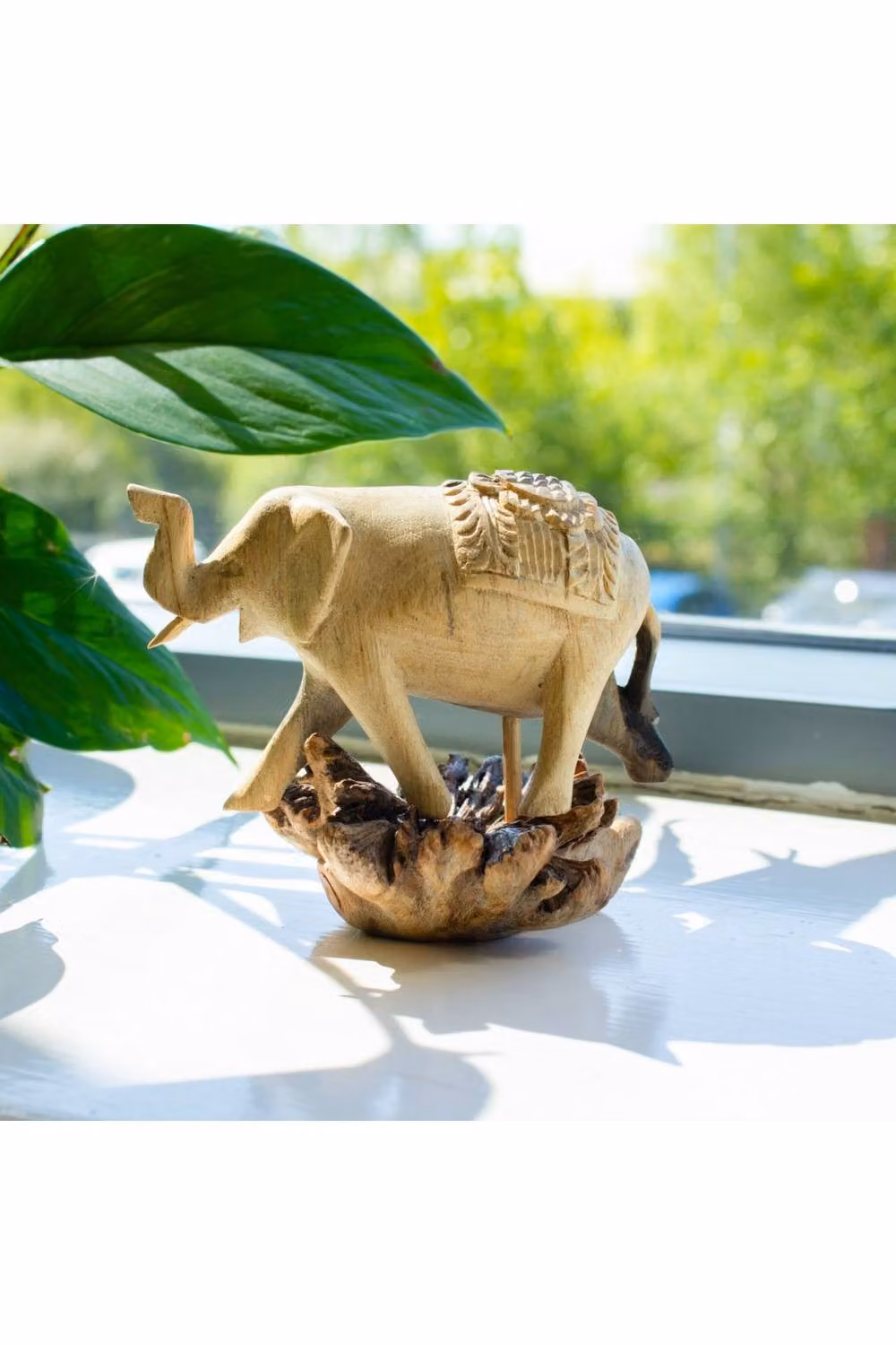 KDMD Elephant Walking Parasite Wood Carving Sculpture with Natural Base in Brown – 2