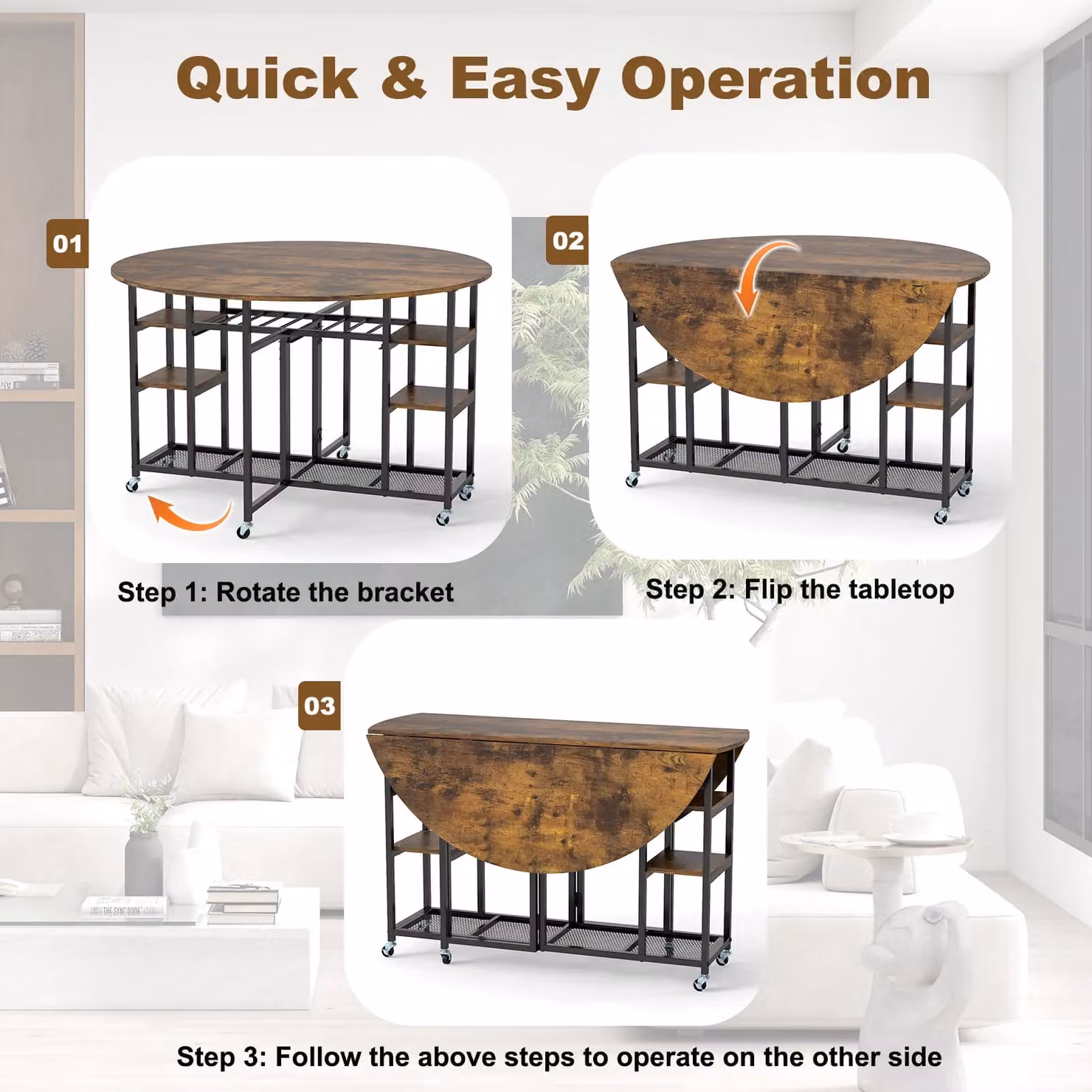 Gymax 3 Piece Round Folding Dining Table Set with Wheels in Light Brown – 7