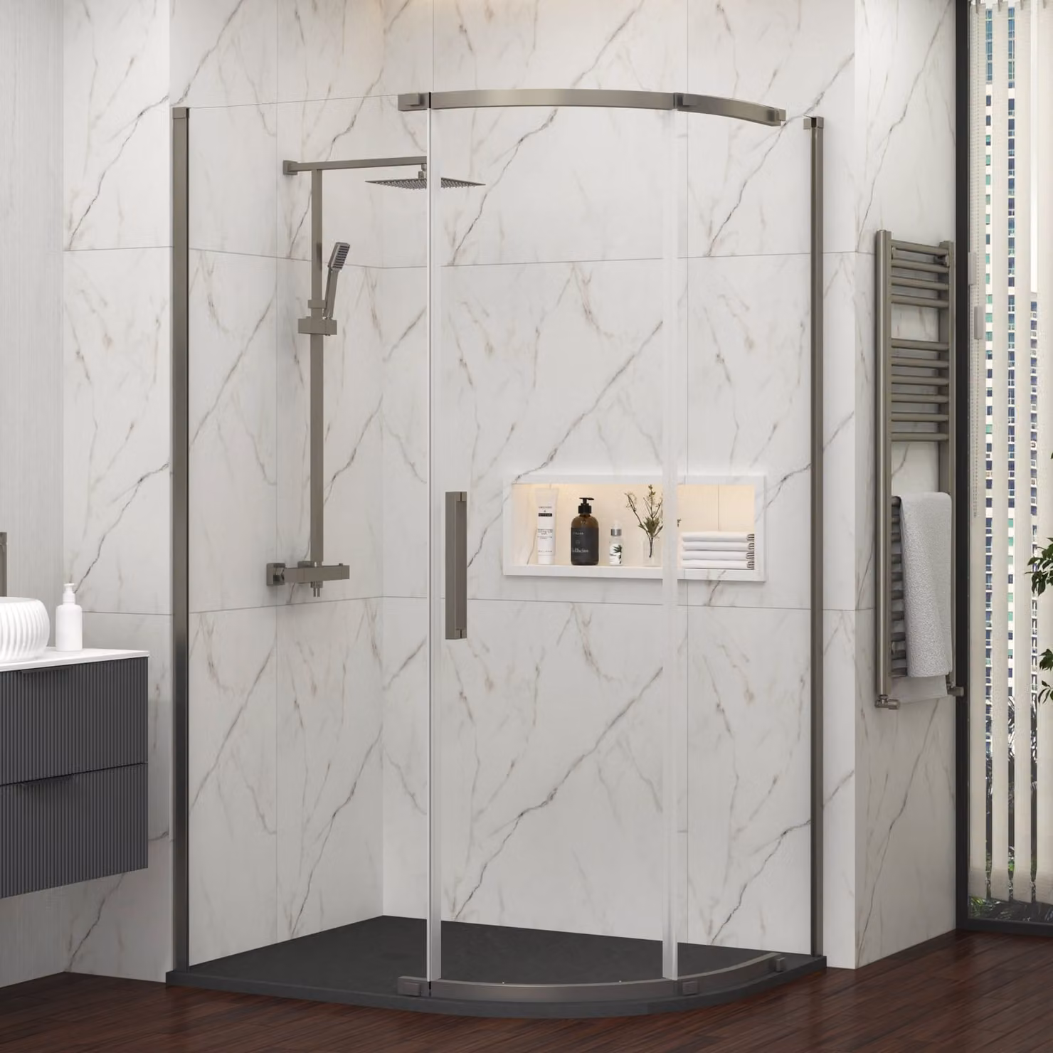 Royal Bathrooms Chelsea Single Door Offset Quadrant Shower Enclosure with Black Mineral Cast Stone Tray, Gun Metal Grey, W: 120 cm, D: 80 cm, H: 195 cm