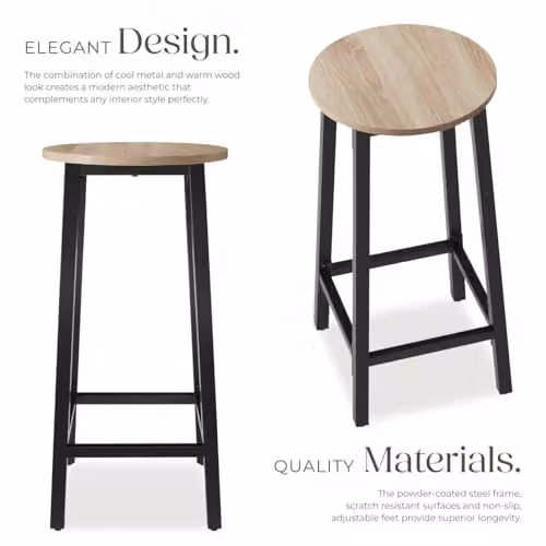 tectake Corby Set of 2 Industrial Bar Stools with Oak Wood Seats and Black Metal Frames – 5