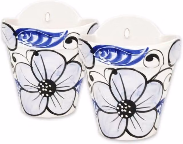 Verano Spanish Ceramics Blue and White Hand Painted Ceramic Hanging Planter Set of 2, Diameter: 22 cm – 1