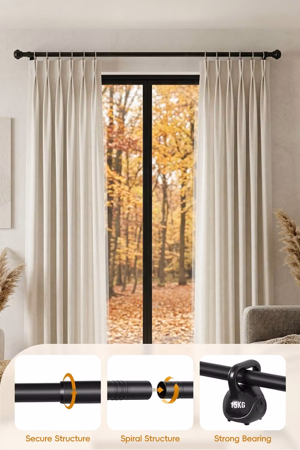 Living and Home Glossy Black Aluminium Telescopic Curtain Rod with Brackets – 2