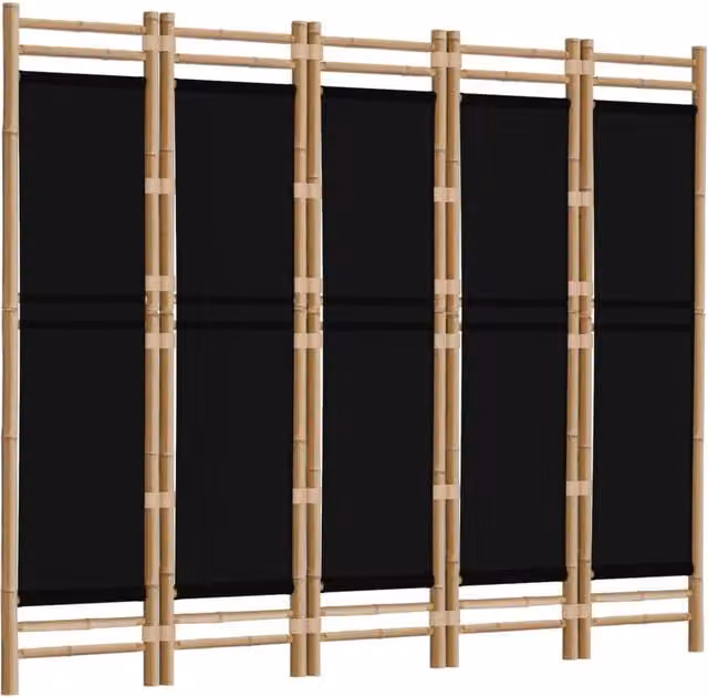 Berkfield Home Classic 5-Panel Folding Room Divider in Black Bamboo and Canvas, W/H: 200 x 180 cm