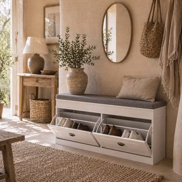 Wyld Haus Nedola White Shoe Storage Bench with Cushioned Seat and 2 Flip Drawers, W/D/H: 55 x 24 x 24 cm