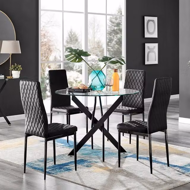 FurnitureboxUK Novara Round Glass Dining Table and 4 Milan Faux Leather Chairs in Black – 1