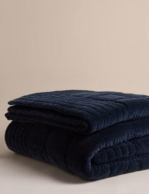 M&S Quilted Pure Cotton Velvet Bedspread in Blue