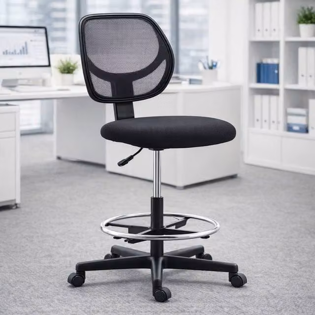 ERGOVEXA Black Fabric Swivel Drafting Chair with Foot Ring and Castors – 1