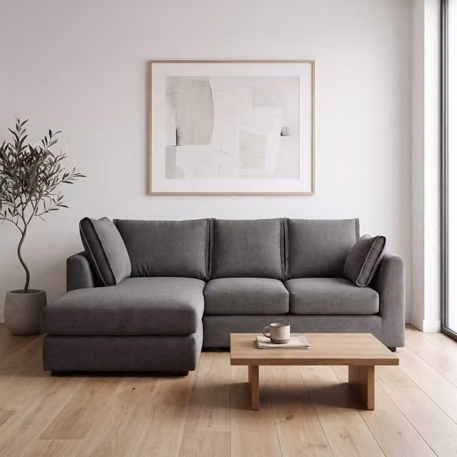 Abakus Direct Sydney Relaxed Linen Left Facing Corner Sofa with Plush Chaise in Charcoal Grey – 1