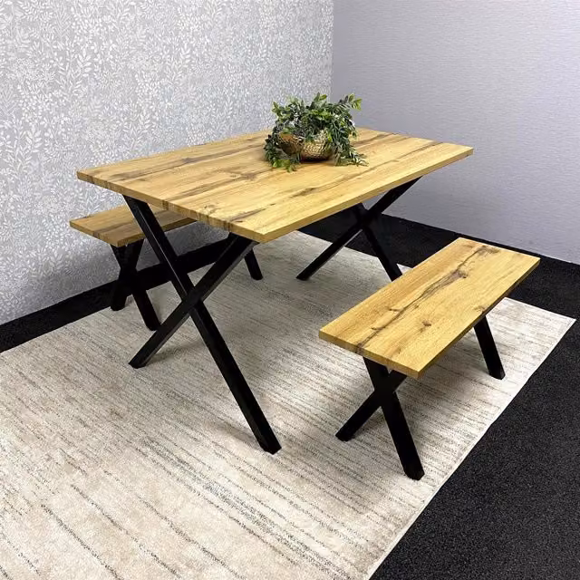 Kosy Koala Rustic Brown and Grey X-Frame Dining Set with Rectangular Table and Two Benches