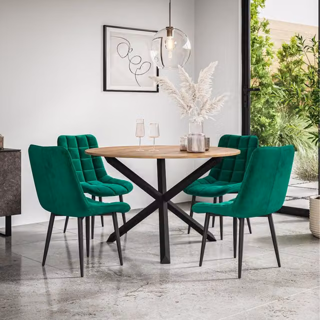 More4Homes Malvern Round Oak Effect Dining Table Set with 6 Green Nova Velvet Chairs and Black Oak Legs