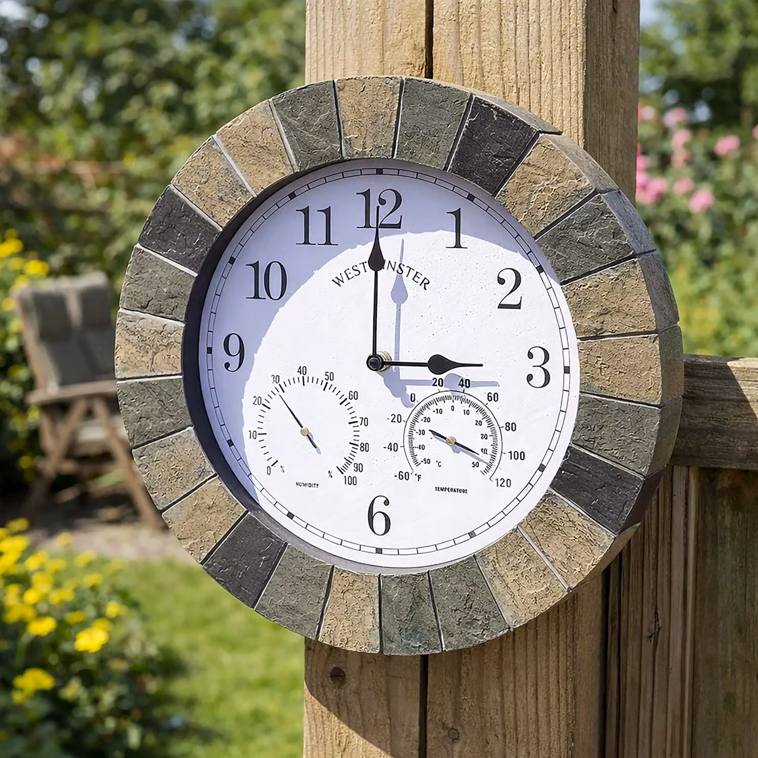 Marco Paul Grey Stone Roman Numeral Analog Clock and Thermometer for Indoor or Outdoor Use, Diameter: 35 cm – 3