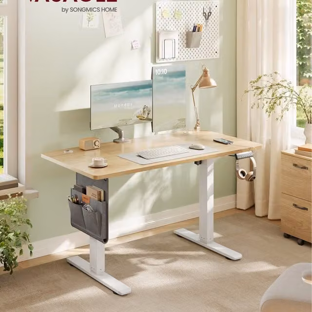 VASAGLE Electric Height Adjustable Standing Desk in Oak with Brown and Gold Accents, W: 120 cm, D: 60 cm