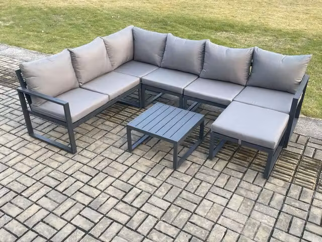 Fimous 7 Seater Aluminium Garden Furniture Set in Dark Grey with Corner Sofa, Square Coffee Table and Ottoman