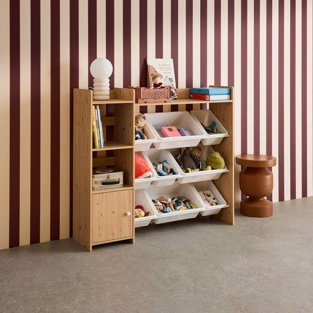 sweeek Storage Unit with 9 Storage Boxes, 4 Shelves and 1 Door, Light Brown, W/D/H: 100.0 x 29.7 x 111.8 cm – 2
