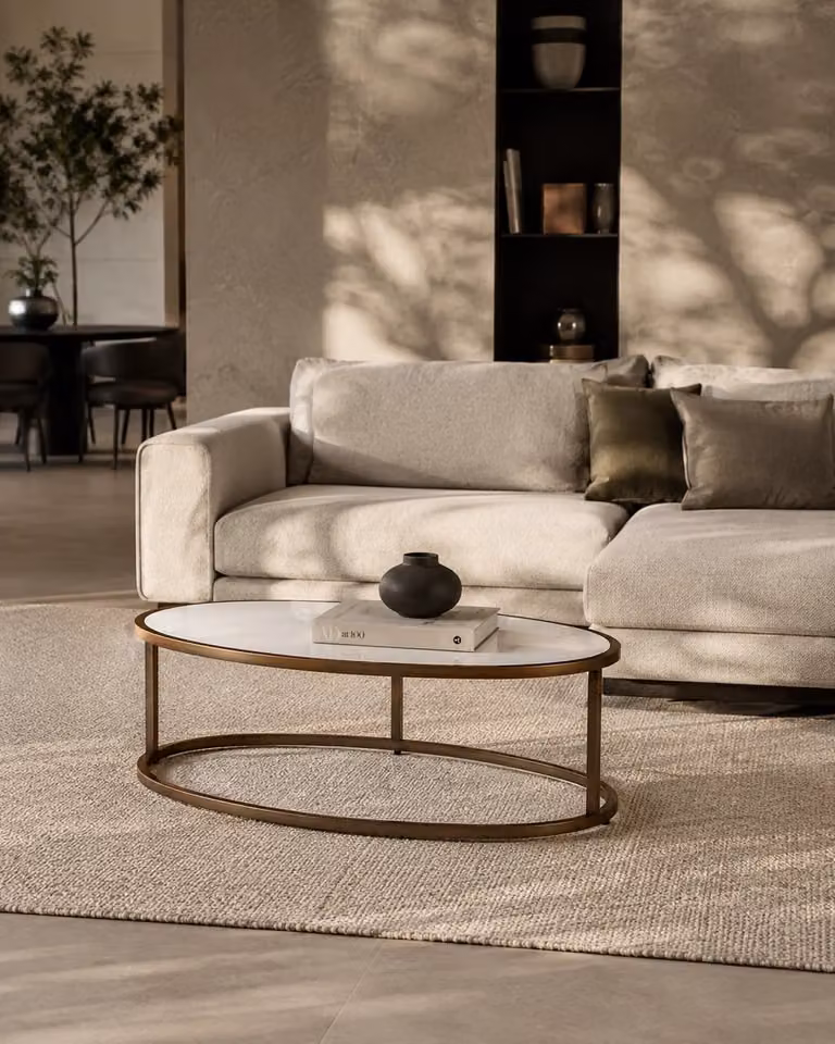 Tommy Franks Anthea Small Oval Coffee Table in White Marble and Gold